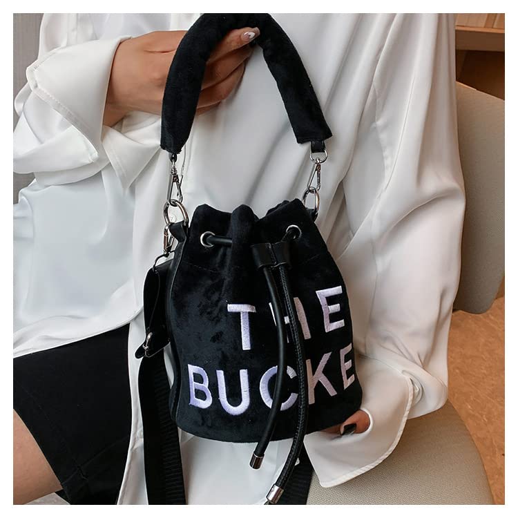 FjcCfrFw Bucket Bags for Women,Mini Bucket Purses,Hobo Bag,Drawstring Crossbody bags,Soft Plush Shoulder Handbags (BLACK)