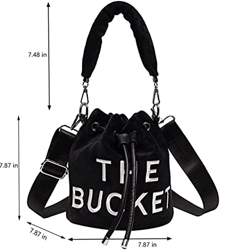 FjcCfrFw Bucket Bags for Women,Mini Bucket Purses,Hobo Bag,Drawstring Crossbody bags,Soft Plush Shoulder Handbags (BLACK)