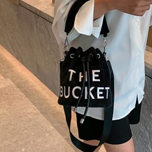 FjcCfrFw Bucket Bags for Women,Mini Bucket Purses,Hobo Bag,Drawstring Crossbody bags,Soft Plush Shoulder Handbags (BLACK)