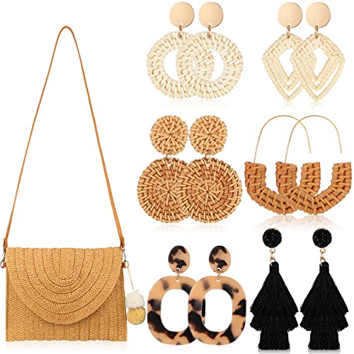 Straw Purse Bag for Women with 6 Pairs Boho Earrings Adjustable Handbag Summer Clutch Purse Hoop Drop Dangle Earrings Women (Boho)