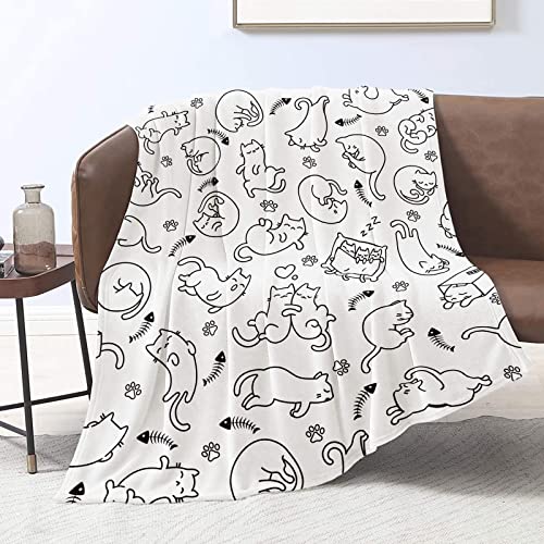 Cat Throw Blanket for Cat Lovers Cute Cat Flannel Fleece Blankets for Kids Adults Kawaii Simple Cat Print Lightweight Fuzzy Blanket Soft White Blanket for Couch Sofa Bed Birthday Gifts, 50''x60''