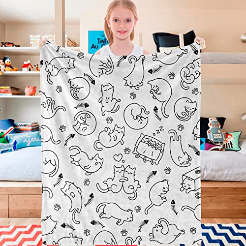 Cat Throw Blanket for Cat Lovers Cute Cat Flannel Fleece Blankets for Kids Adults Kawaii Simple Cat Print Lightweight Fuzzy Blanket Soft White Blanket for Couch Sofa Bed Birthday Gifts, 50''x60''