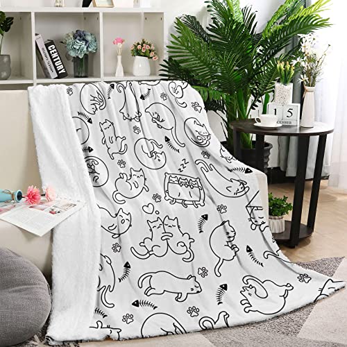 Cat Throw Blanket for Cat Lovers Cute Cat Flannel Fleece Blankets for Kids Adults Kawaii Simple Cat Print Lightweight Fuzzy Blanket Soft White Blanket for Couch Sofa Bed Birthday Gifts, 50''x60''