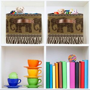 Gougeta Foldable Storage Basket with Handle, African Elephants and Zebra Rectangular Canvas Organizer Bins for Home Office Closet Clothes Toys 1 Pack