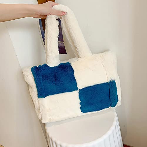 GJOSYOI Furry Purse Fashionable Furry Tote Bag Shoulder Crossbody Winter Fashion Patchwork Purse (Color : Blue, Size : Obe Szie)