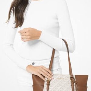 Michael Kors Charlotte Signature Large Top Zip Tote, Shoulder Bag bundle with XL Dust Bag Vanilla