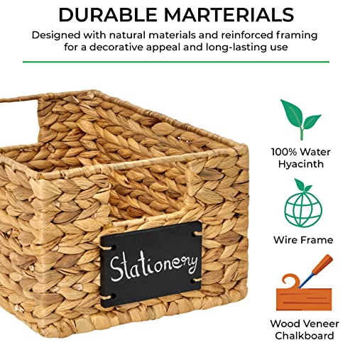 BARIEN 6 Pcs 12" x 9" x 6" Natural Water Hyacinth Storage Baskets, Rectangular Wicker Basket with Built-in Handles, Woven Cube Storage Bin with Chalkboard Label Chalk Marker (Natural - Set of 6)