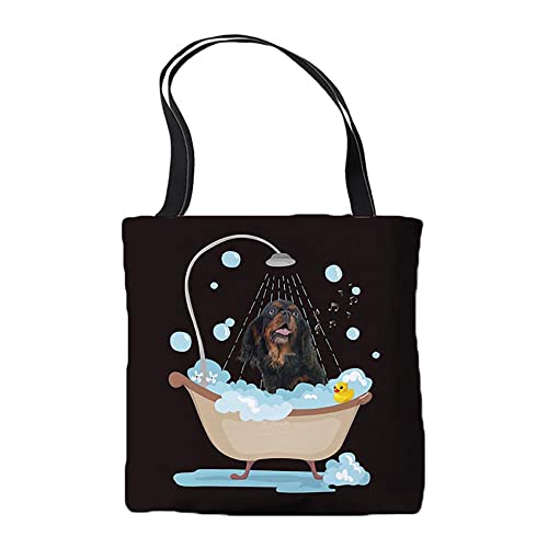 BAGEYOU Funny Cavalier King Charles Take a Shower Tote Bag Dog with Yellow Duck Casual Shoulder Shopping Bags for Woman Girls Black