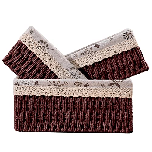 3 Pcs Handmade Wicker Storage Baskets Set Shelf Baskets,Woven Decorative Home Storage Bins for Bedroom,livingroom,kitchenroom,Table,Closet,Pantry, Entryway, Home Decor Brown