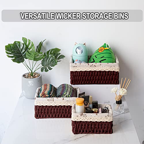 3 Pcs Handmade Wicker Storage Baskets Set Shelf Baskets,Woven Decorative Home Storage Bins for Bedroom,livingroom,kitchenroom,Table,Closet,Pantry, Entryway, Home Decor Brown