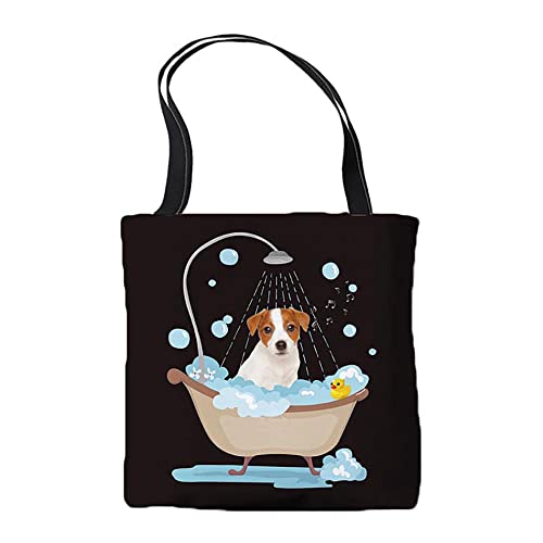 BAGEYOU Cute Jack Russell Terrier Take a Shower Tote Bag Dog with Yellow Duck Casual Shoulder Shopping Bags for Woman Girls Black