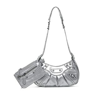 women punk style rivet satchels handbags pu leather shoulder purse half moon underarm bags with coin purse hobo bags (silver)