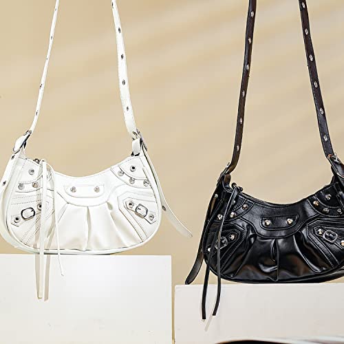 Women Punk Style Rivet Satchels Handbags Pu Leather Shoulder Purse Half Moon Underarm Bags With Coin Purse Hobo Bags (Silver)