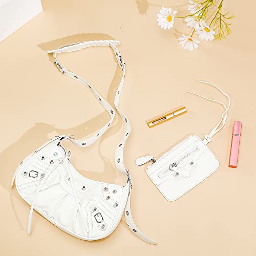 Women Punk Style Rivet Satchels Handbags Pu Leather Shoulder Purse Half Moon Underarm Bags With Coin Purse Hobo Bags (Silver)