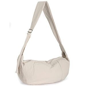 large hobo bag for women men, nylon crossbody bag adjustable strap shoulder bag for school sport causal travel hiking(beige)