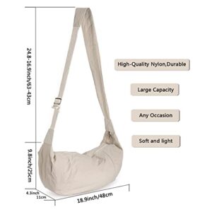 Large Hobo Bag for Women Men, Nylon Crossbody Bag Adjustable Strap Shoulder Bag for School Sport Causal Travel Hiking(Beige)