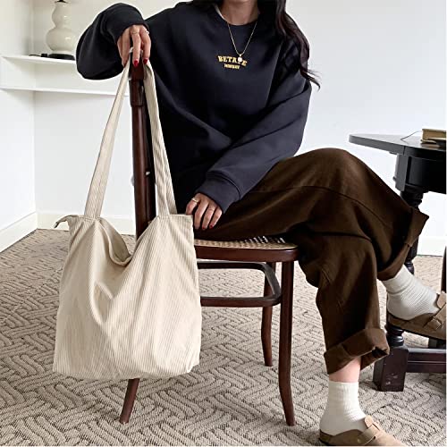 WantGor Women Corduroy Tote Bag, Large Shoulder Hobo Bags Casual Handbags Big Capacity Shopping Purses Work Bag (Beige)