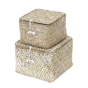 hapyfurn shelf storage boxes with lid, set of 2 stackable square baskets for shelves, natural seagrass handwoven, organizer box of cosmetics keys jewelry needles threads