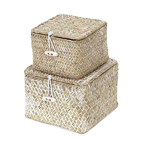 HAPYFURN Shelf Storage Boxes with Lid, Set of 2 Stackable Square Baskets for Shelves, Natural Seagrass Handwoven, Organizer Box of Cosmetics Keys Jewelry Needles Threads