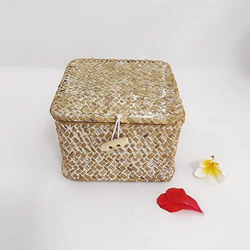 HAPYFURN Shelf Storage Boxes with Lid, Set of 2 Stackable Square Baskets for Shelves, Natural Seagrass Handwoven, Organizer Box of Cosmetics Keys Jewelry Needles Threads