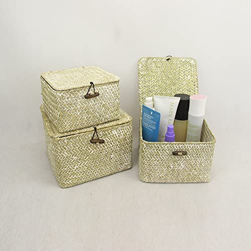 HAPYFURN Shelf Storage Boxes with Lid, Set of 2 Stackable Square Baskets for Shelves, Natural Seagrass Handwoven, Organizer Box of Cosmetics Keys Jewelry Needles Threads