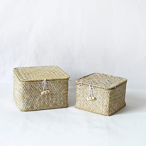 HAPYFURN Shelf Storage Boxes with Lid, Set of 2 Stackable Square Baskets for Shelves, Natural Seagrass Handwoven, Organizer Box of Cosmetics Keys Jewelry Needles Threads