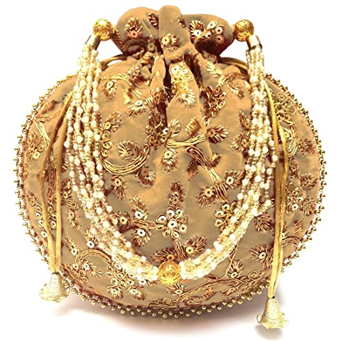 Eyesart Fashion Potli Bag For Women Ethnic Designer Embroidery Ethnic Velvet Potli bag Ladies Handbag Purse for Bridal Party wedding and Gifting Batwa Pearls Handle With Intricate (Cream)