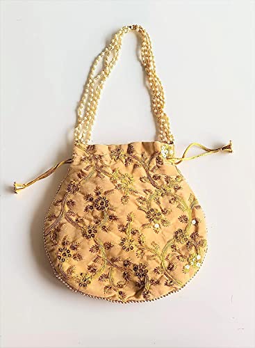 Eyesart Fashion Potli Bag For Women Ethnic Designer Embroidery Ethnic Velvet Potli bag Ladies Handbag Purse for Bridal Party wedding and Gifting Batwa Pearls Handle With Intricate (Cream)