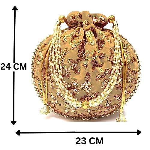 Eyesart Fashion Potli Bag For Women Ethnic Designer Embroidery Ethnic Velvet Potli bag Ladies Handbag Purse for Bridal Party wedding and Gifting Batwa Pearls Handle With Intricate (Cream)