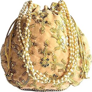 Eyesart Fashion Potli Bag For Women Ethnic Designer Embroidery Ethnic Velvet Potli bag Ladies Handbag Purse for Bridal Party wedding and Gifting Batwa Pearls Handle With Intricate (Cream)