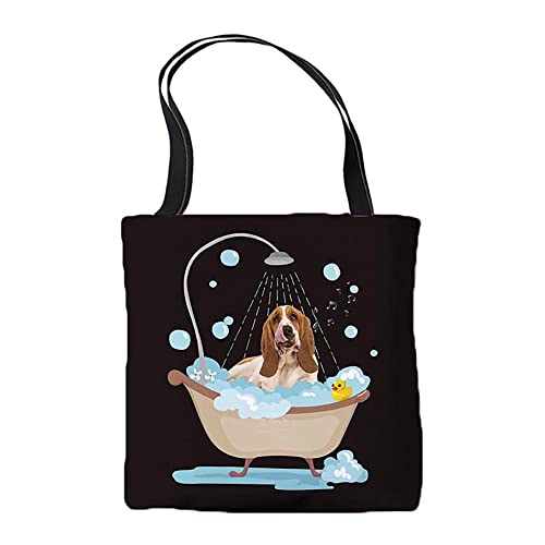 BAGEYOU Funny Basset Hound Take a Shower Tote Bag Dog with Yellow Duck Casual Shoulder Shopping Bags for Woman Girls Black