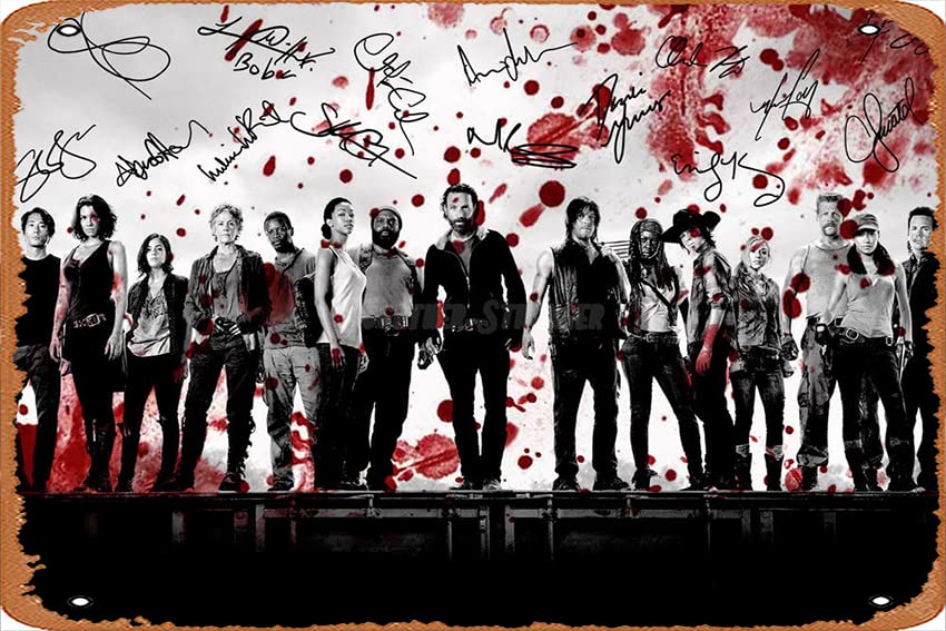 The Walking Dead Cast Blood Art Pre Signed Photo Print Metal Tin Sign Vintage Chic Art Decoration Wall Art Print Poster Wall Decoration for Garage Home Club Bar Coffee BBQ Shop 8 x 12 Inches