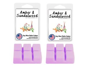 soy wax melts| made in usa | plant based soy wax | amber and sandalwood soy wax cubes | 2 packs | net weight 5 oz. (141 grams) | 12 scented wax cubes | wax cubes for wax warmer | cozy candlebox