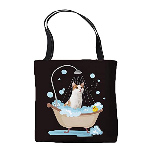 BAGEYOU Funny Turkish Van Cat Take a Shower Tote Bag Kitty with Yellow Duck Casual Shoulder Shopping Bags for Woman Girls Black