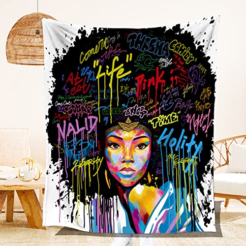 Textattr20 Black Girl Fleece Throw Blankets for Kids Teen Girls Women Adults, Personalized African American Graffiti Blanket Throw Big 60x80 Inch Twin Size, Comfy Throws Blanket for Girls Bed Bedroom