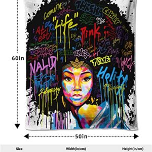 Textattr20 Black Girl Fleece Throw Blankets for Kids Teen Girls Women Adults, Personalized African American Graffiti Blanket Throw Big 60x80 Inch Twin Size, Comfy Throws Blanket for Girls Bed Bedroom