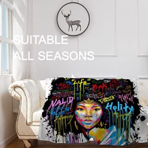 Textattr20 Black Girl Fleece Throw Blankets for Kids Teen Girls Women Adults, Personalized African American Graffiti Blanket Throw Big 60x80 Inch Twin Size, Comfy Throws Blanket for Girls Bed Bedroom