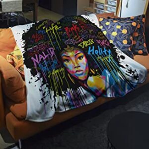 Textattr20 Black Girl Fleece Throw Blankets for Kids Teen Girls Women Adults, Personalized African American Graffiti Blanket Throw Big 60x80 Inch Twin Size, Comfy Throws Blanket for Girls Bed Bedroom