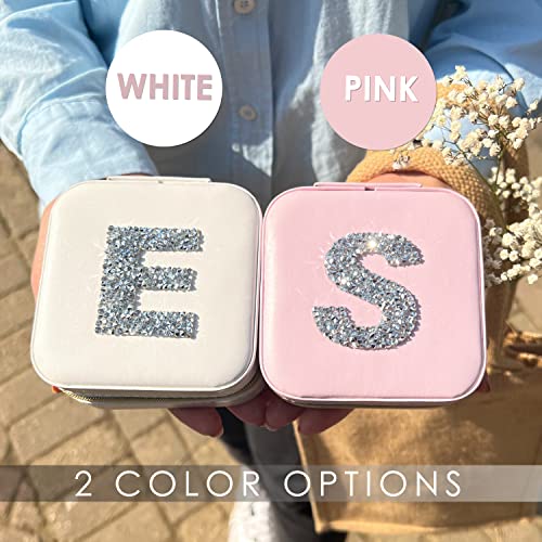 Personalized Initial Jewelry Box Gifts for Women - White & Pink Colors - Travel Organizer Case for Girls - Bridesmaid Gift (Pink Box #J)