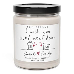 nhi handwriting i wish you lived next door, eucalyptus & lavender scented soy wax candle for home, 9oz transparent jar, home decor, new apartment gifts for women, her, besties, couples, best friend