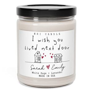 NHI Handwriting I Wish You Lived Next Door, Eucalyptus & Lavender Scented Soy Wax Candle for Home, 9oz Transparent Jar, Home Decor, New Apartment Gifts for Women, Her, Besties, Couples, Best Friend