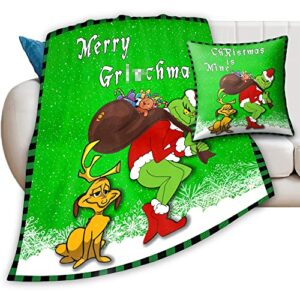caupzok anime christmas blankets, flannel lightweight plush warm green throw blanket with 1 pillow cover for couch sofa bedding or decoration living room, soft throw, 50 × 60 inch