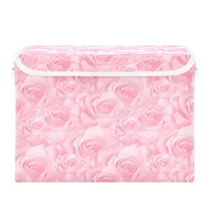 kigai storage basket beautiful pink rose storage boxes with lids and handle, large storage cube bin collapsible for shelves closet bedroom living room, 16.5×12.6×11.8 in