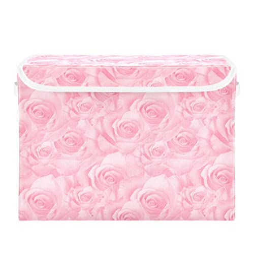 Kigai Storage Basket Beautiful Pink Rose Storage Boxes with Lids and Handle, Large Storage Cube Bin Collapsible for Shelves Closet Bedroom Living Room, 16.5x12.6x11.8 In