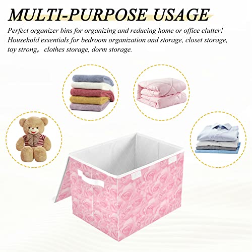 Kigai Storage Basket Beautiful Pink Rose Storage Boxes with Lids and Handle, Large Storage Cube Bin Collapsible for Shelves Closet Bedroom Living Room, 16.5x12.6x11.8 In