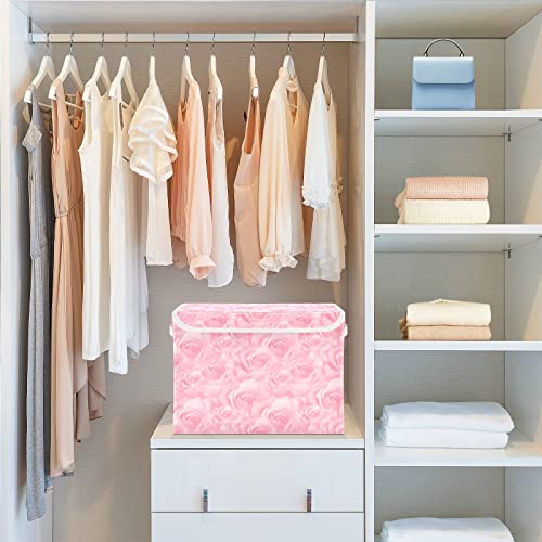 Kigai Storage Basket Beautiful Pink Rose Storage Boxes with Lids and Handle, Large Storage Cube Bin Collapsible for Shelves Closet Bedroom Living Room, 16.5x12.6x11.8 In