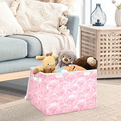 Kigai Storage Basket Beautiful Pink Rose Storage Boxes with Lids and Handle, Large Storage Cube Bin Collapsible for Shelves Closet Bedroom Living Room, 16.5x12.6x11.8 In