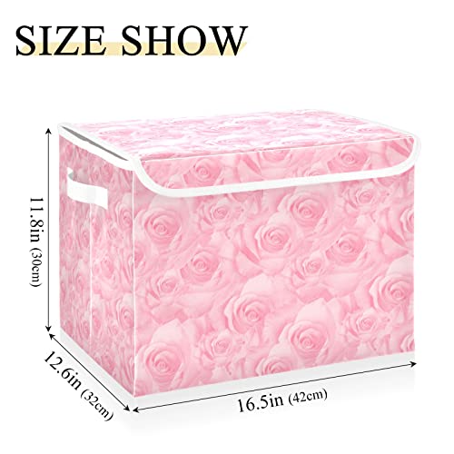 Kigai Storage Basket Beautiful Pink Rose Storage Boxes with Lids and Handle, Large Storage Cube Bin Collapsible for Shelves Closet Bedroom Living Room, 16.5x12.6x11.8 In