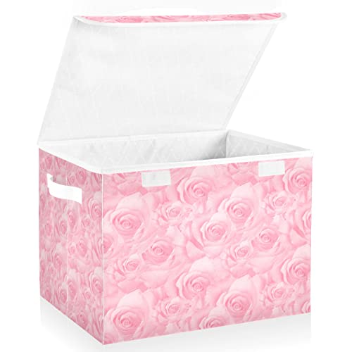Kigai Storage Basket Beautiful Pink Rose Storage Boxes with Lids and Handle, Large Storage Cube Bin Collapsible for Shelves Closet Bedroom Living Room, 16.5x12.6x11.8 In