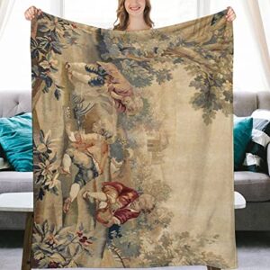 aubusson antique french tapestry print flannel fleece throw blankets 50″x40″ lightweight fluffy winter fall blanket cozy soft fuzzy plush home decor for couch bed sofa bedroom living room travel
